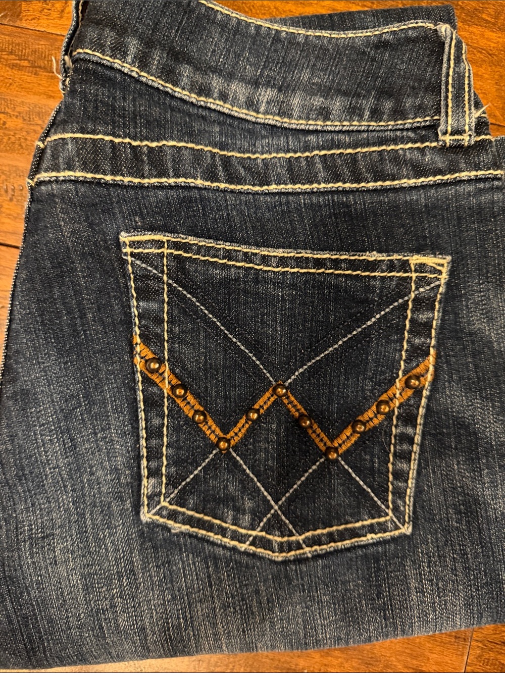 Wrangler Premium Patch Dark Blue Boot Cut Jeans with Embellished Pocket
